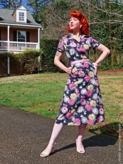 1940s Style Tea Dress Chrysanthemum Black -Chic Apparel Shop 1940s style tea dress chrysanthemum black p4805 22409 medium