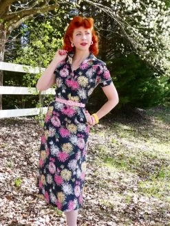 1940s Style Tea Dress Chrysanthemum Black -Chic Apparel Shop 1940s style tea dress chrysanthemum black p4805 22410 medium