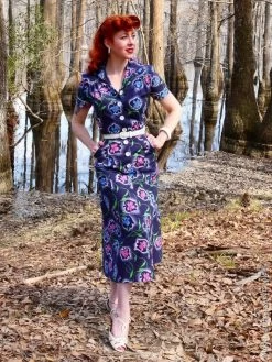 1940s Style Tea Dress Floral Spray Blue -Chic Apparel Shop 1940s style tea dress floral spray blue p4803 22406 medium