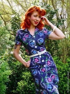 1940s Style Tea Dress Floral Spray Blue -Chic Apparel Shop 1940s style tea dress floral spray blue p4803 22407 medium