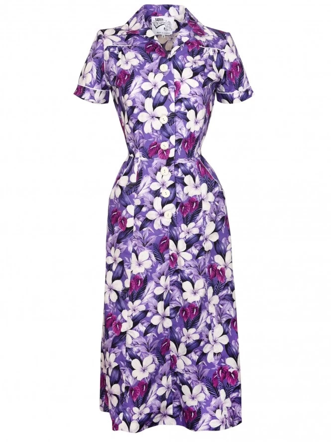 1940s Style Tea Dress Plumeria Purple 3 1940s Style Tea Dress Plumeria Purple