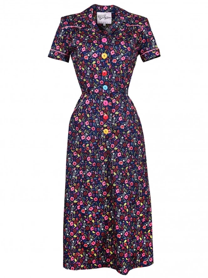 1940s Style Tea Dress Skeletons Navy 3 1940s Style Tea Dress Skeletons Navy