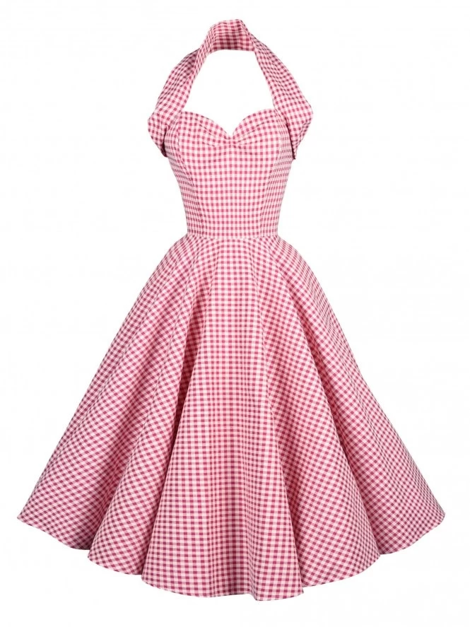 1950s Halterneck Circle Dress Magenta And Cream Gingham 3 1950s Halterneck Circle Dress Magenta And Cream Gingham