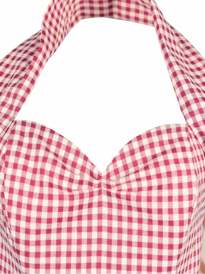 1950s Halterneck Circle Dress Magenta And Cream Gingham 5 1950s Halterneck Circle Dress Magenta And Cream Gingham - Image 3