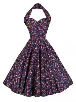 1950s Halterneck Circle Dress Skeletons Navy