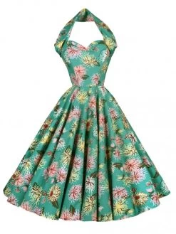 1950s Halterneck Dress Chrysanthemum Green