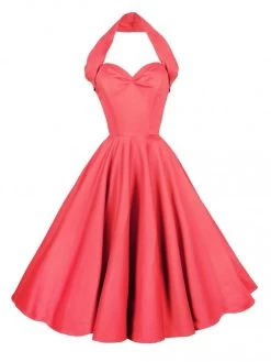 1950s Halterneck Dress Coral Sateen