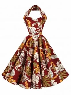 1950s Halterneck Dress Floral Garland Burgundy
