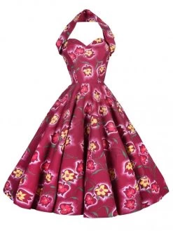 1950s Halterneck Dress Floral Spray Cherry