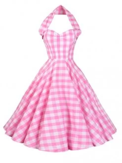 1950s Halterneck Dress Gingham Pink