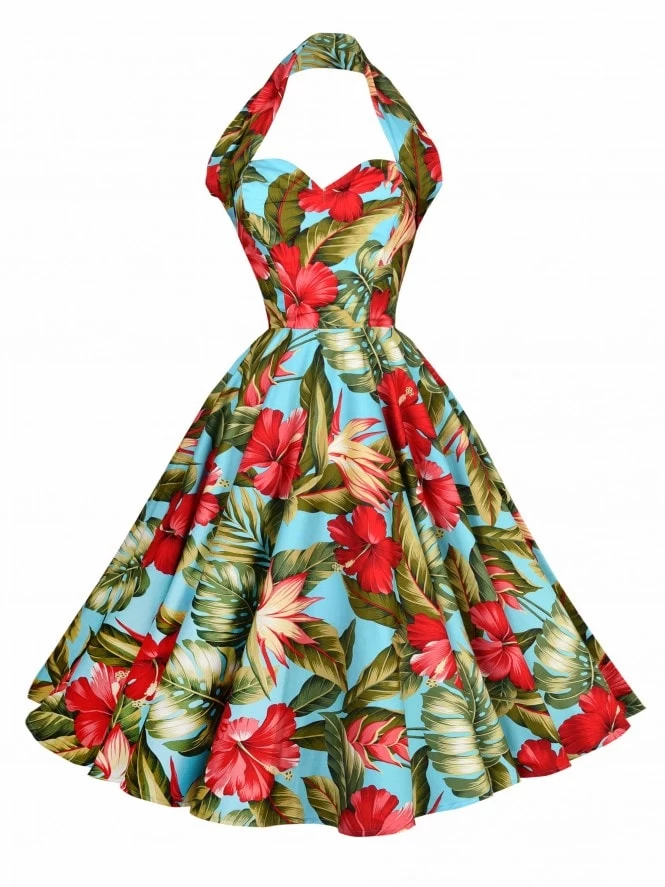 1950s Halterneck Dress Hibiscus Turquoise 3 1950s Halterneck Dress Hibiscus Turquoise