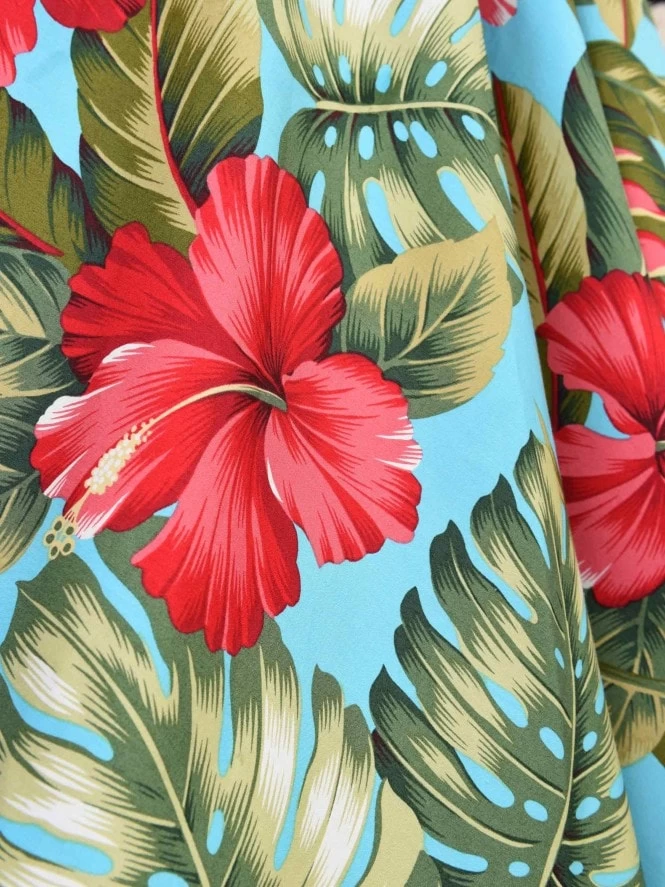 1950s Halterneck Dress Hibiscus Turquoise 4 1950s Halterneck Dress Hibiscus Turquoise - Image 2