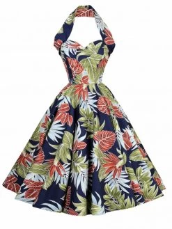 1950s Halterneck Dress Midnight Leaves