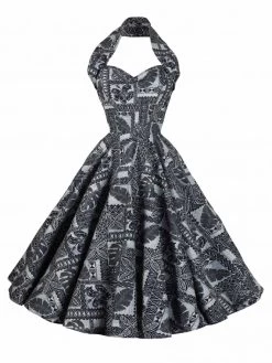 1950s Halterneck Dress Palm Tapa Blue