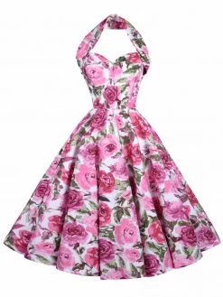 1950s Halterneck Dress Roses In Bloom Pink