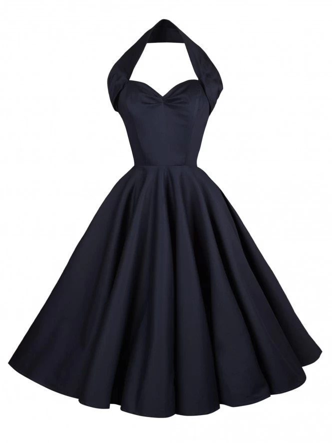 1950s Halterneck Navy Sateen Dress 4 1950s Halterneck Navy Sateen Dress - Image 2