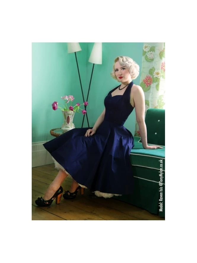 1950s Halterneck Navy Sateen Dress 3 1950s Halterneck Navy Sateen Dress