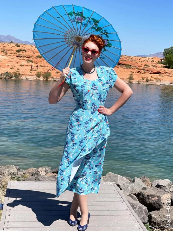 Gloria 1940s Dress Tahiti Sky 3 Gloria 1940s Dress Tahiti Sky