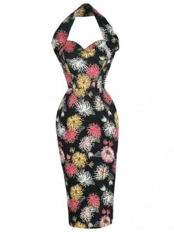 Halterneck Pencil Chrysanthemum Black Dress