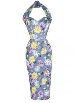 Halterneck Pencil Chrysanthemum Lilac Dress