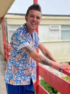 Men Short-Sleeved Casino Blue Shirt