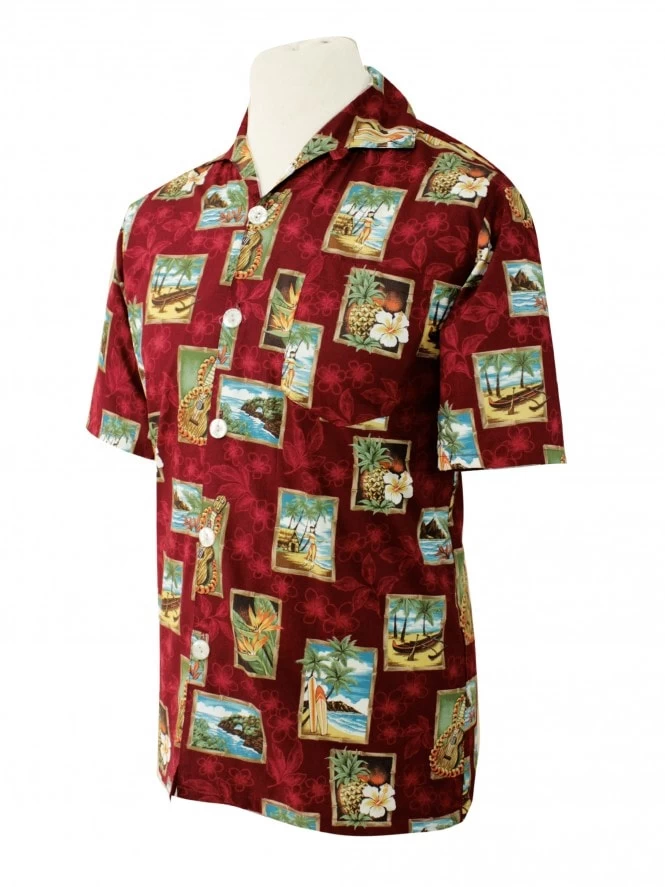 Men Short-Sleeved Hula Girl Burgundy Shirt 4 Men Short-Sleeved Hula Girl Burgundy Shirt - Image 2