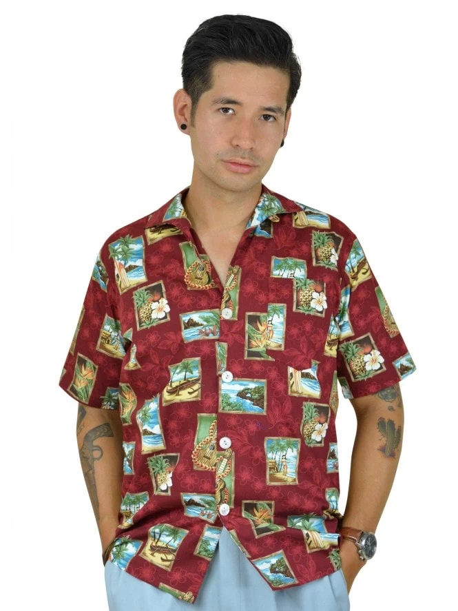 Men Short-Sleeved Hula Girl Burgundy Shirt 3 Men Short-Sleeved Hula Girl Burgundy Shirt