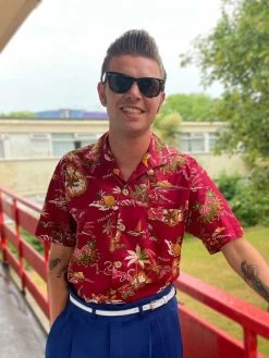 Men Short-Sleeved Shirt Aloha Burgundy