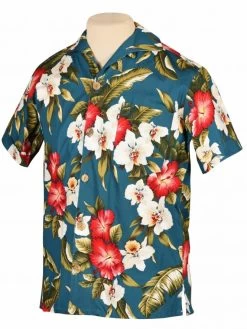 Men Short-Sleeved Shirt Hibiscus Petrol