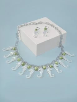 Pearly Seahorses Necklace Set Green