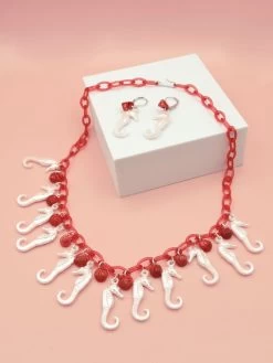 Pearly Seahorses Necklace Set Red